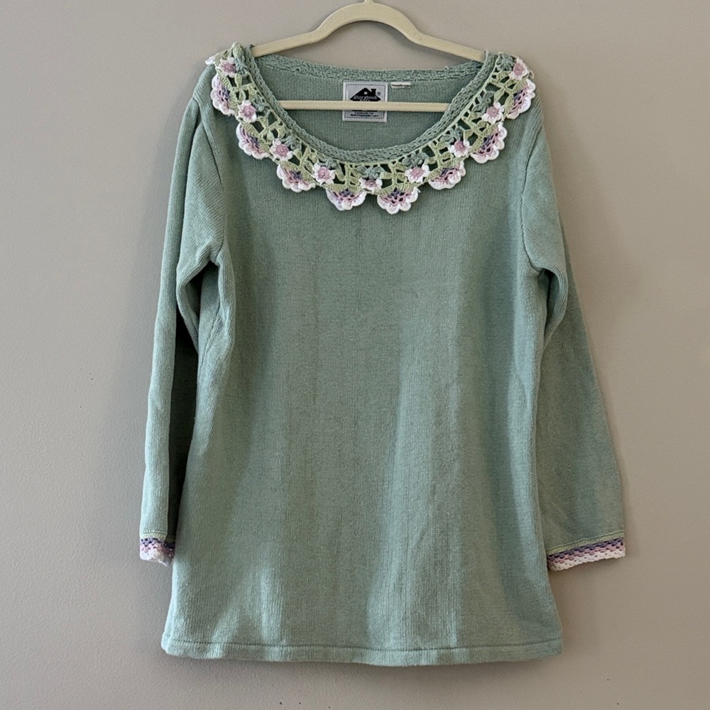 Storybook Knits Women’s Mint Green Crochet Trim Tunic Sweater Size 1X